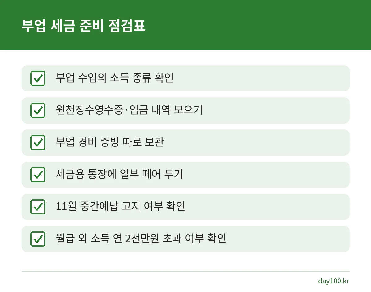 직장인 부업 세금 신고를 앞두고 확인할 소득 종류, 증빙, 세금용 통장, 중간예납, 건강보험료 점검표